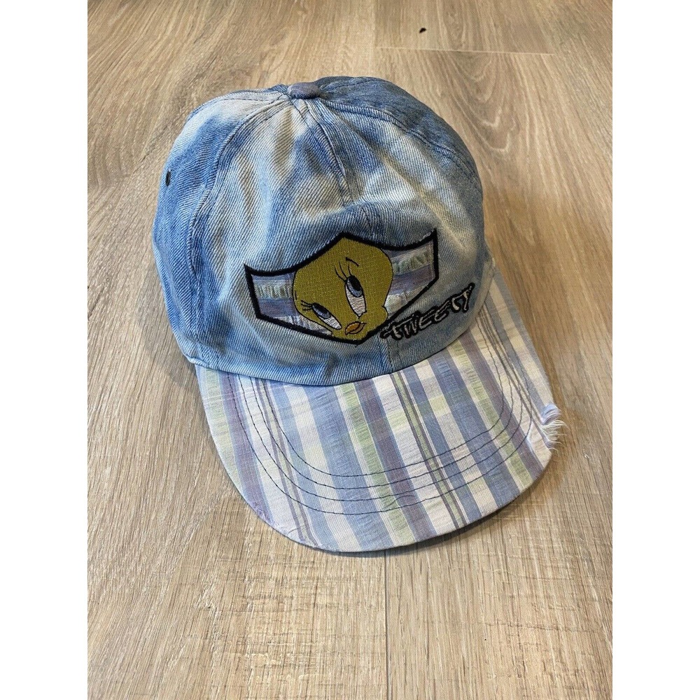 Vintage Looney Tunes Tweety Bird Denim Classic Hat Cap 90s Embroidered Plaid